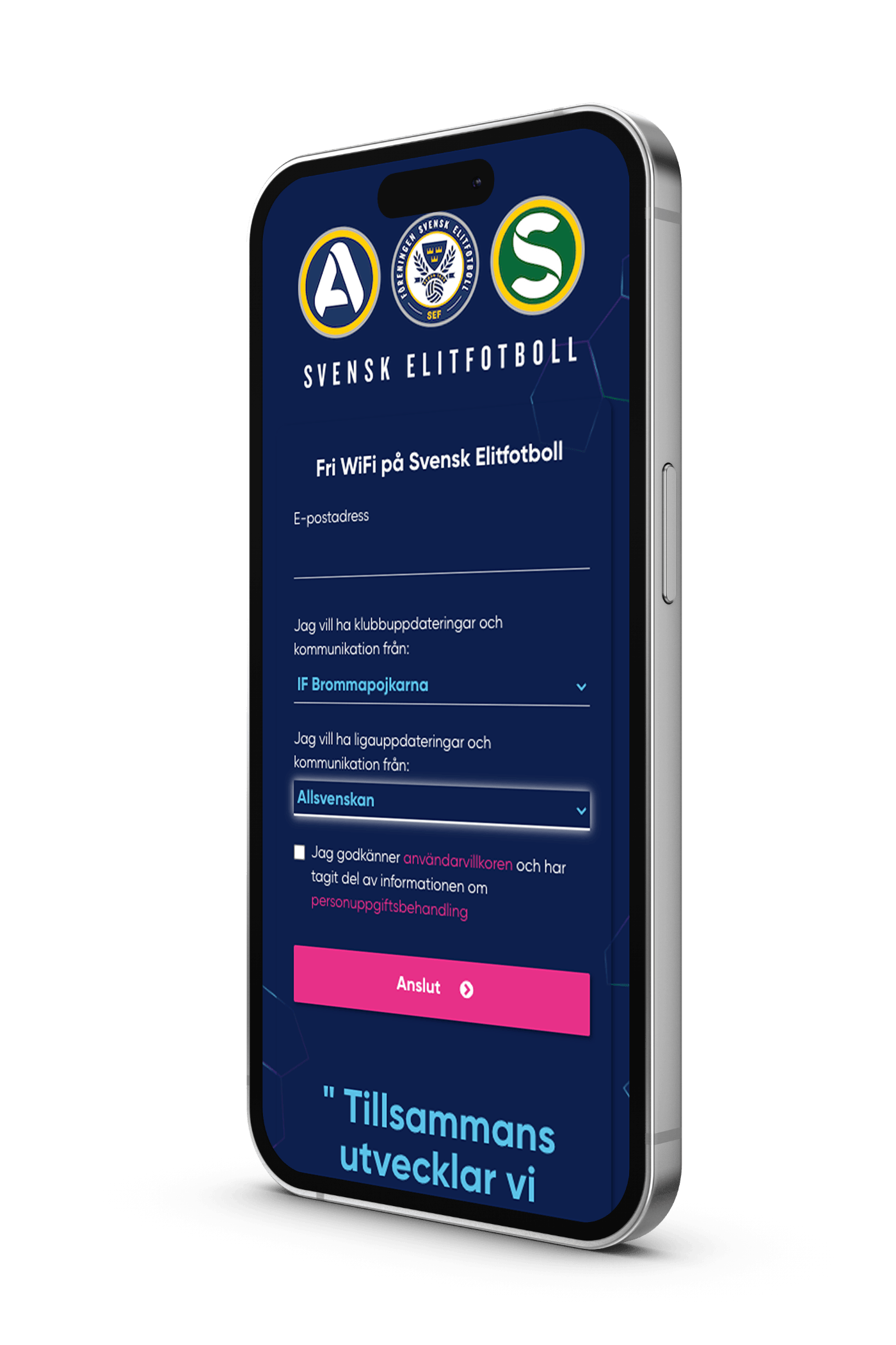 Live SEF captive portal on a phone — email, klubb, league and consent fields with the pink Anslut button.