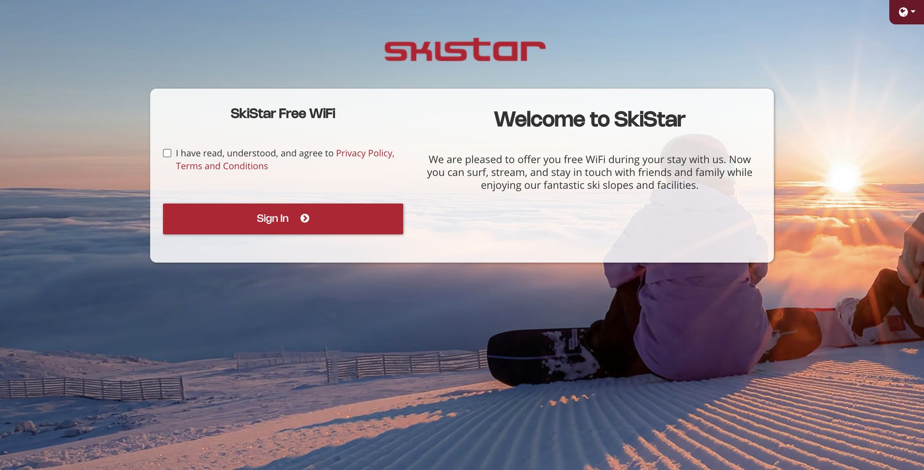 SkiStar Free WiFi captive portal — desktop view at sunset