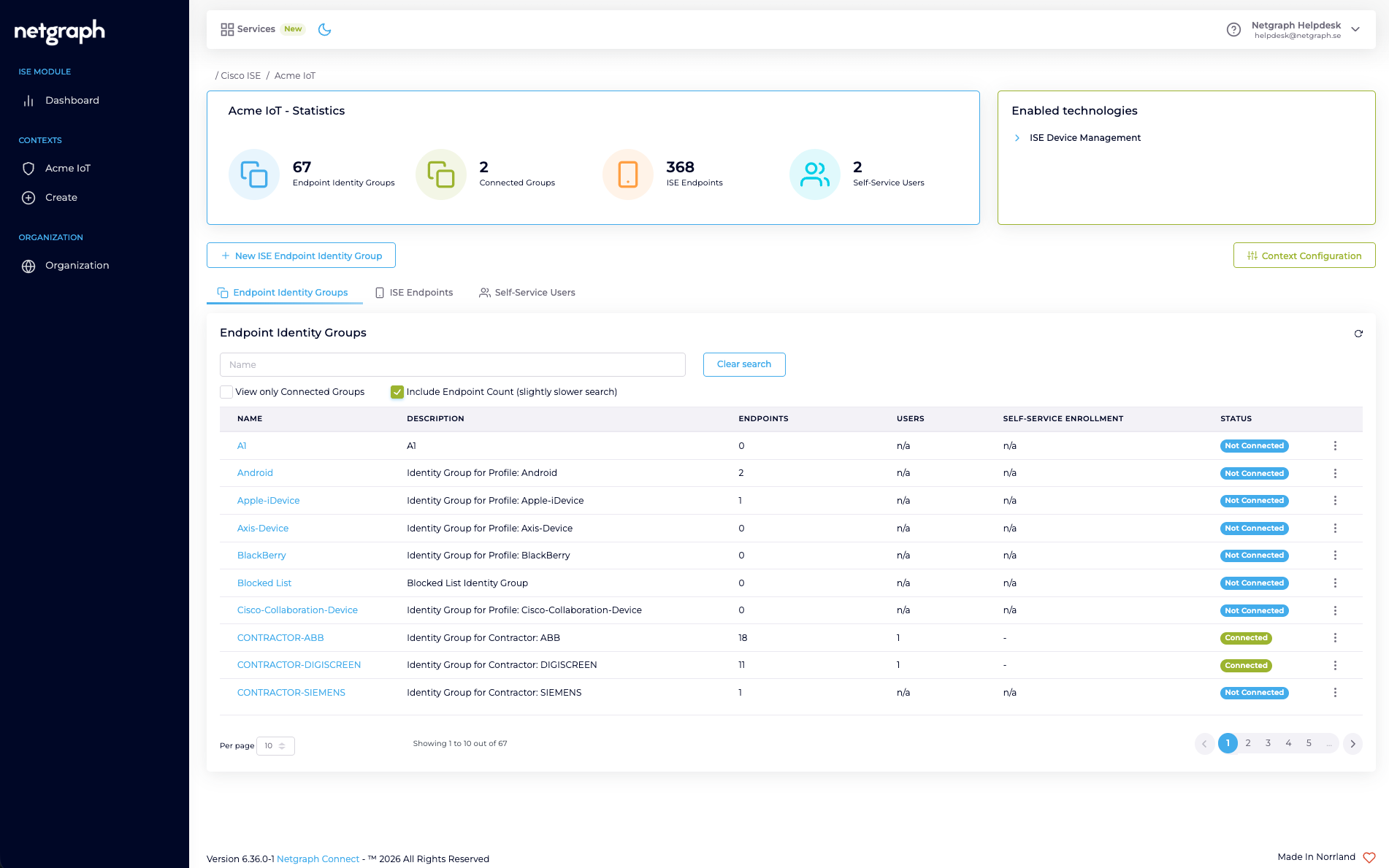 Endpoint Manager admin dashboard showing 67 Endpoint Identity Groups synced from Cisco ISE