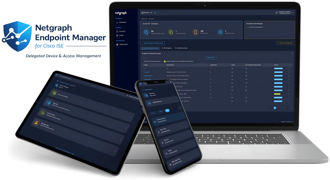 Self-Service Portal on three iPhones — group selection, device list, and per-device detail