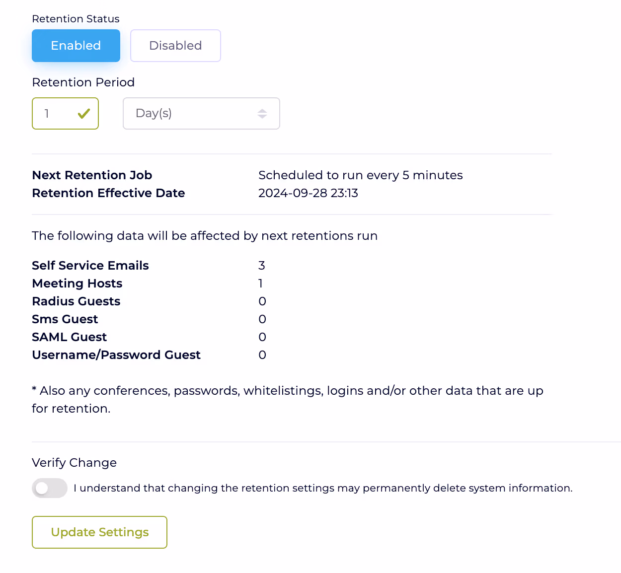 Retention policy configuration in the Netgraph admin portal