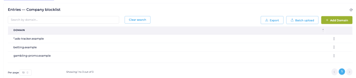 Entries of a custom blocklist, including a wildcard domain