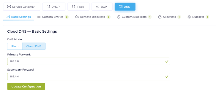 The DNS tab showing the Plain and Cloud DNS mode switch, upstream forwarders, and the filtering sub-tabs