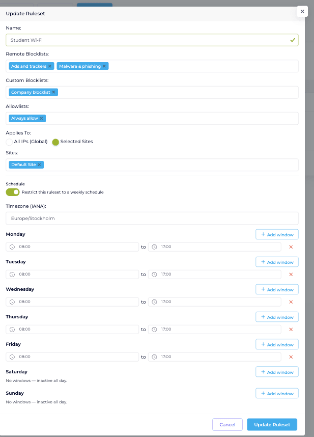 The Add Ruleset form with lists selected, Selected Sites chosen, and a weekly schedule of Monday to Friday 08:00 to 17:00