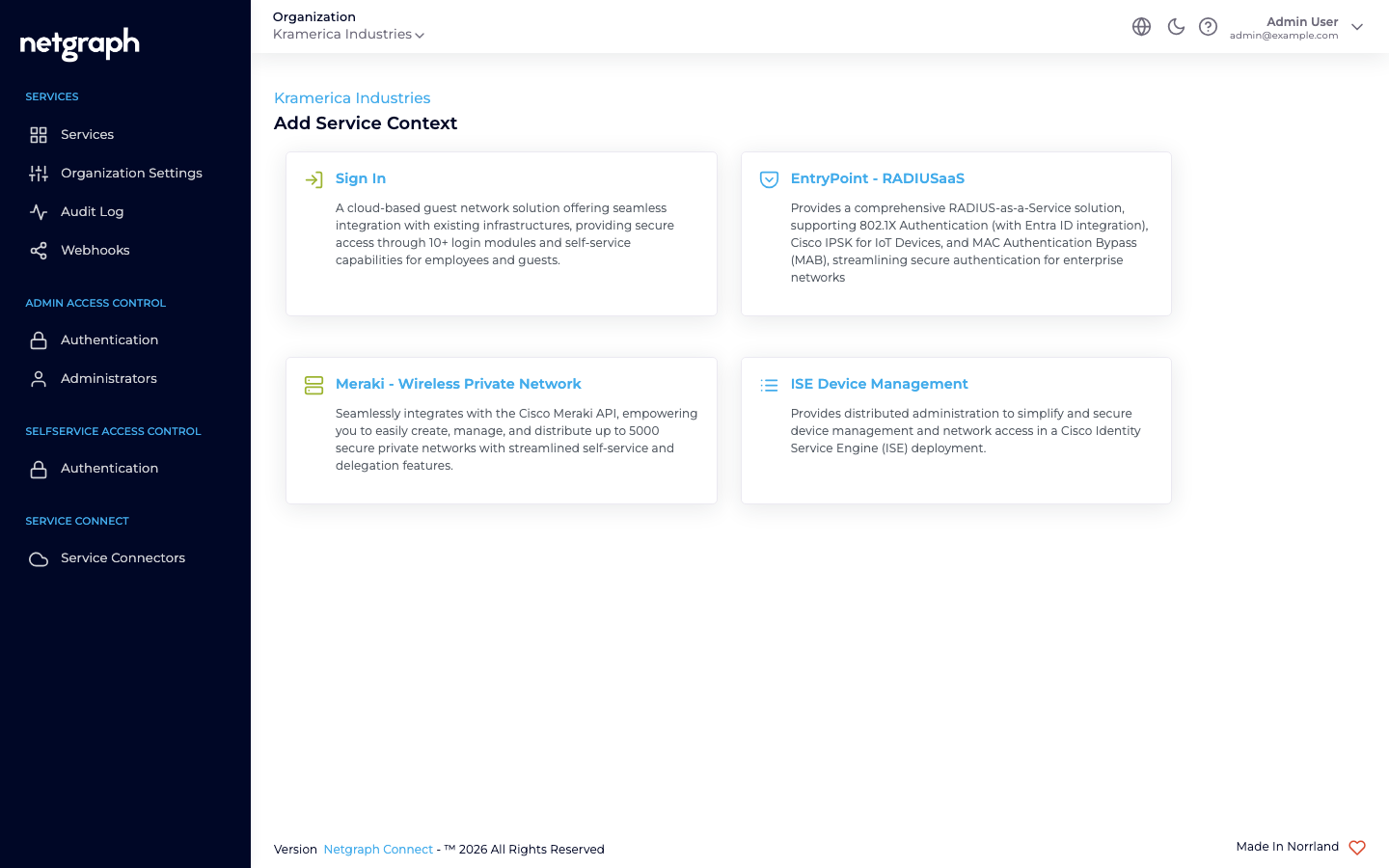 Add Service Context picker showing Sign In, EntryPoint, Meraki - Wireless Private Network, and ISE Device Management cards