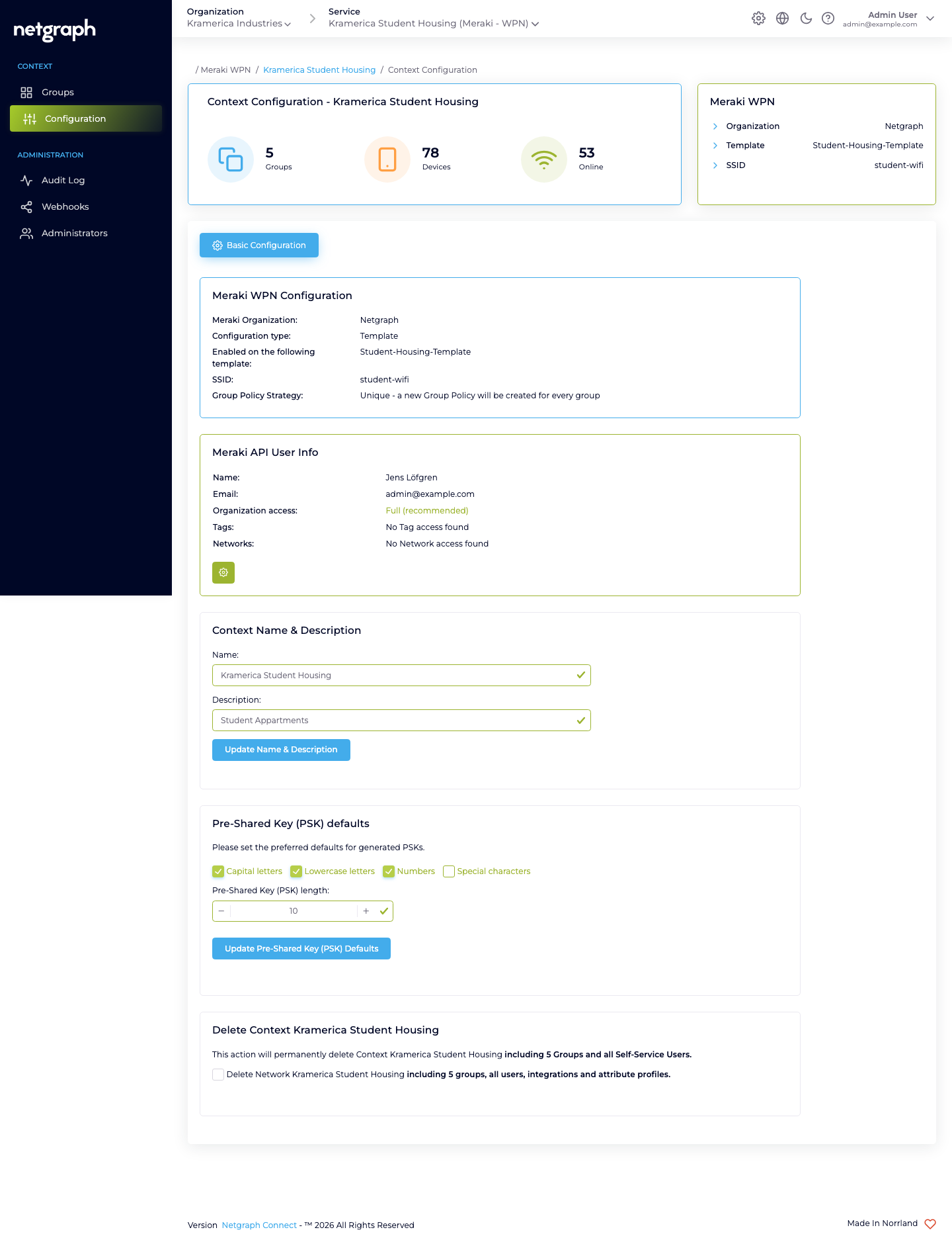 Basic Configuration tab showing Meraki WPN Configuration summary, Meraki API User Info, Context Name & Description, Pre-Shared Key defaults, and Delete Context cards
