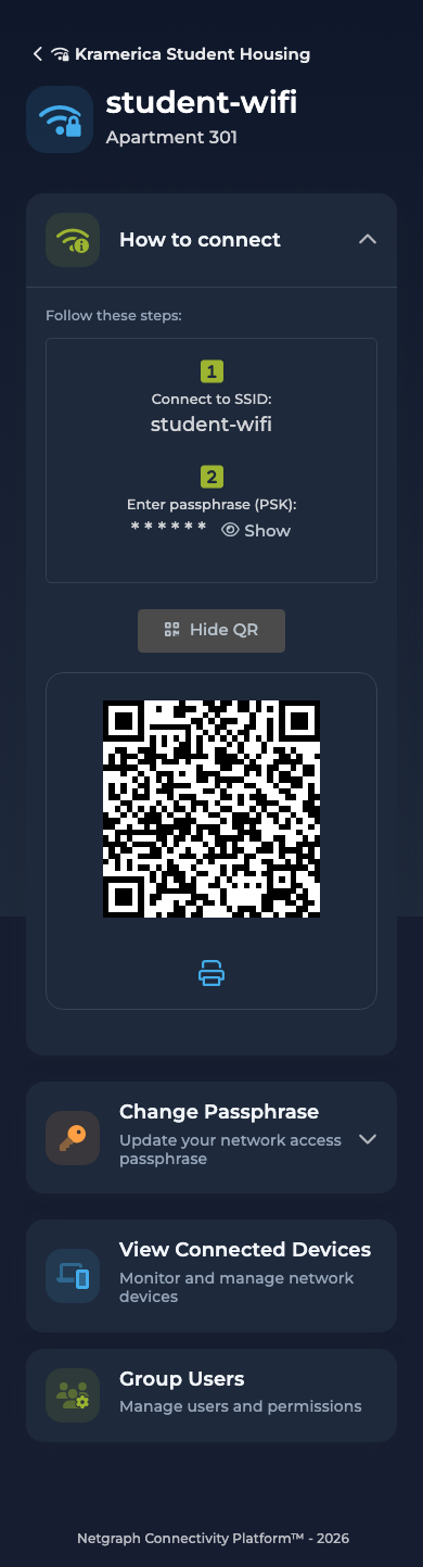 Self-Service portal on a phone in dark mode showing the How to connect card expanded for Apartment 301 with SSID student-wifi, a masked PSK with Show toggle, and the connection QR code