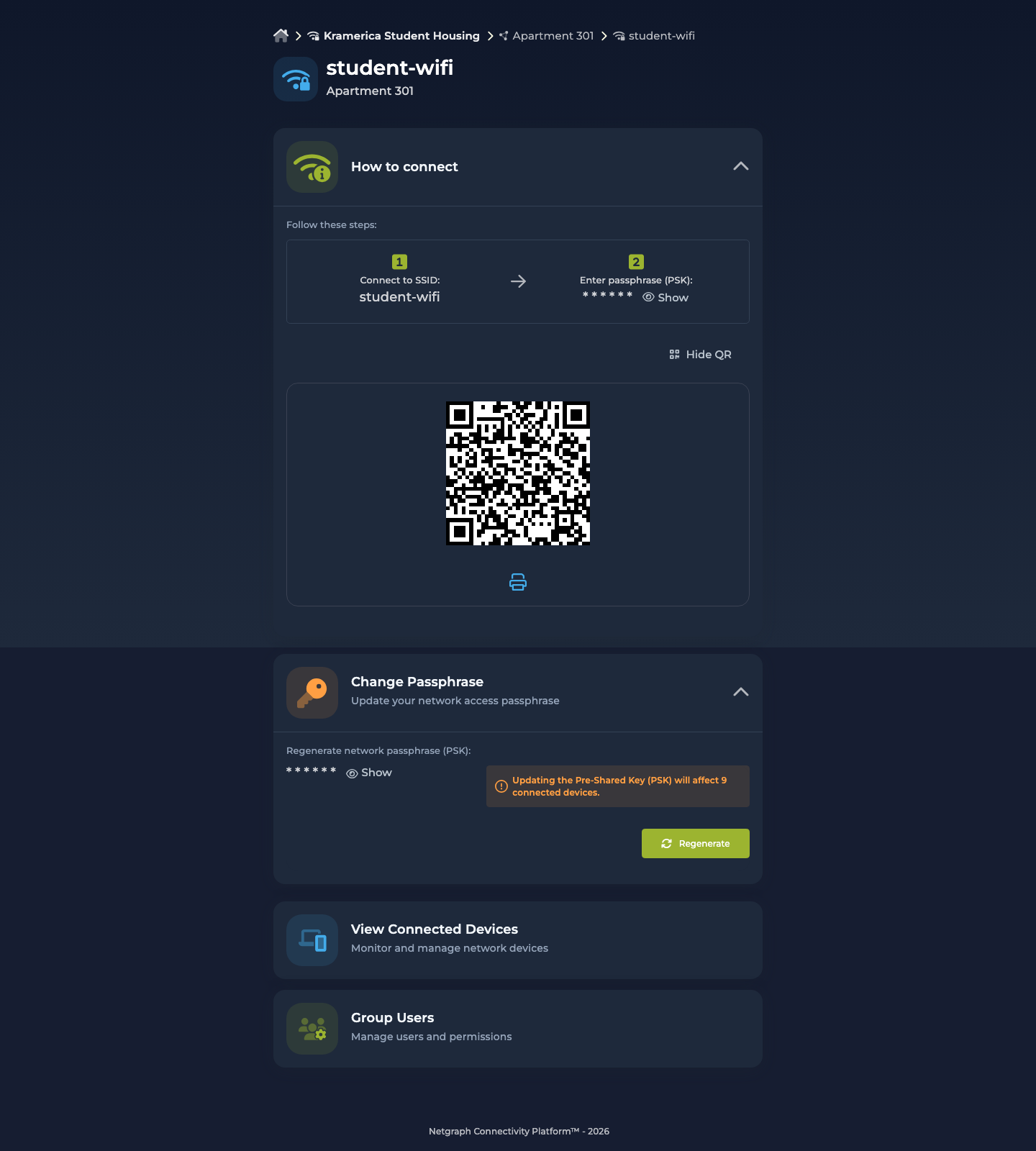 Self-Service portal in dark mode showing the Apartment 301 WPN detail page with How to connect and Change Passphrase expanded, a masked PSK with Show toggle, a Regenerate button, an alert that 9 connected devices will be affected, and the View Connected Devices and Manage Users cards