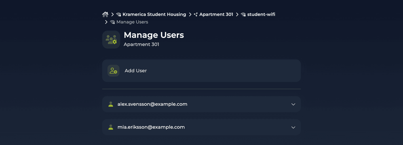 Self-Service portal Manage Users page for a Wireless Personal Network in dark mode with an Add User card and two residents listed