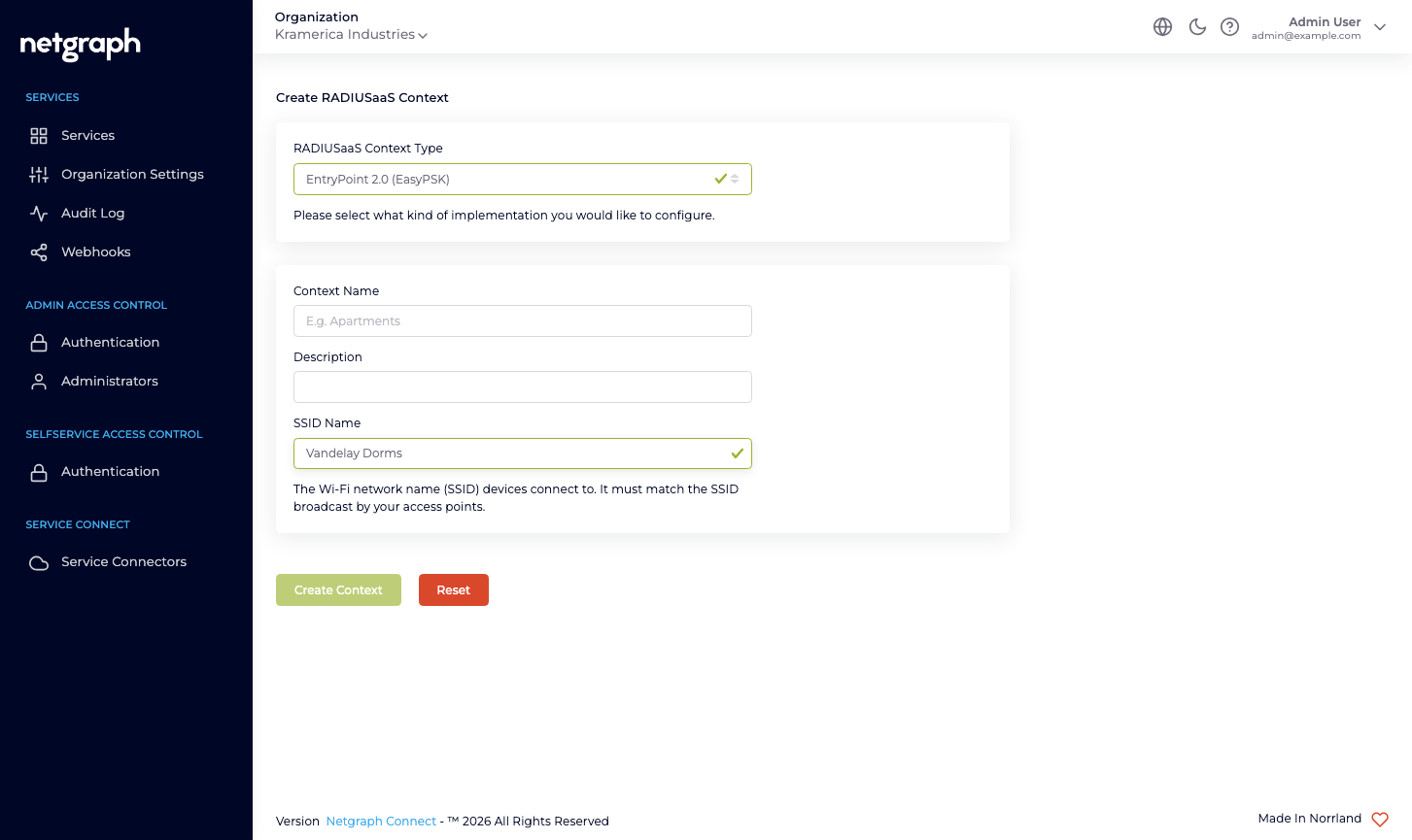 Create RADIUSaaS Context form with EntryPoint 2.0 (EasyPSK) selected and an SSID Name field