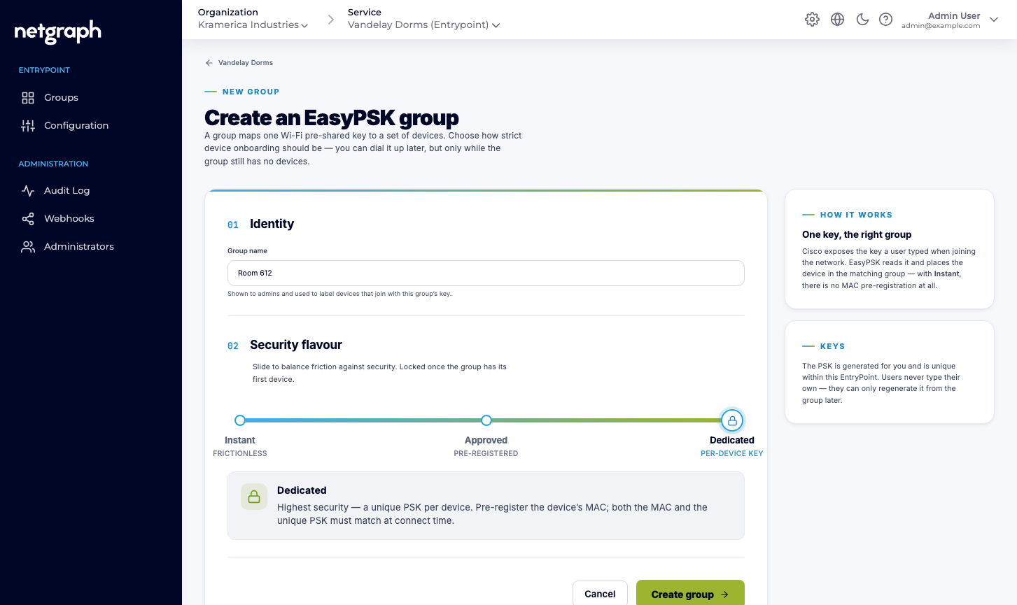 Create an EasyPSK group form with the Security flavour slider showing Instant, Approved, and Dedicated positions