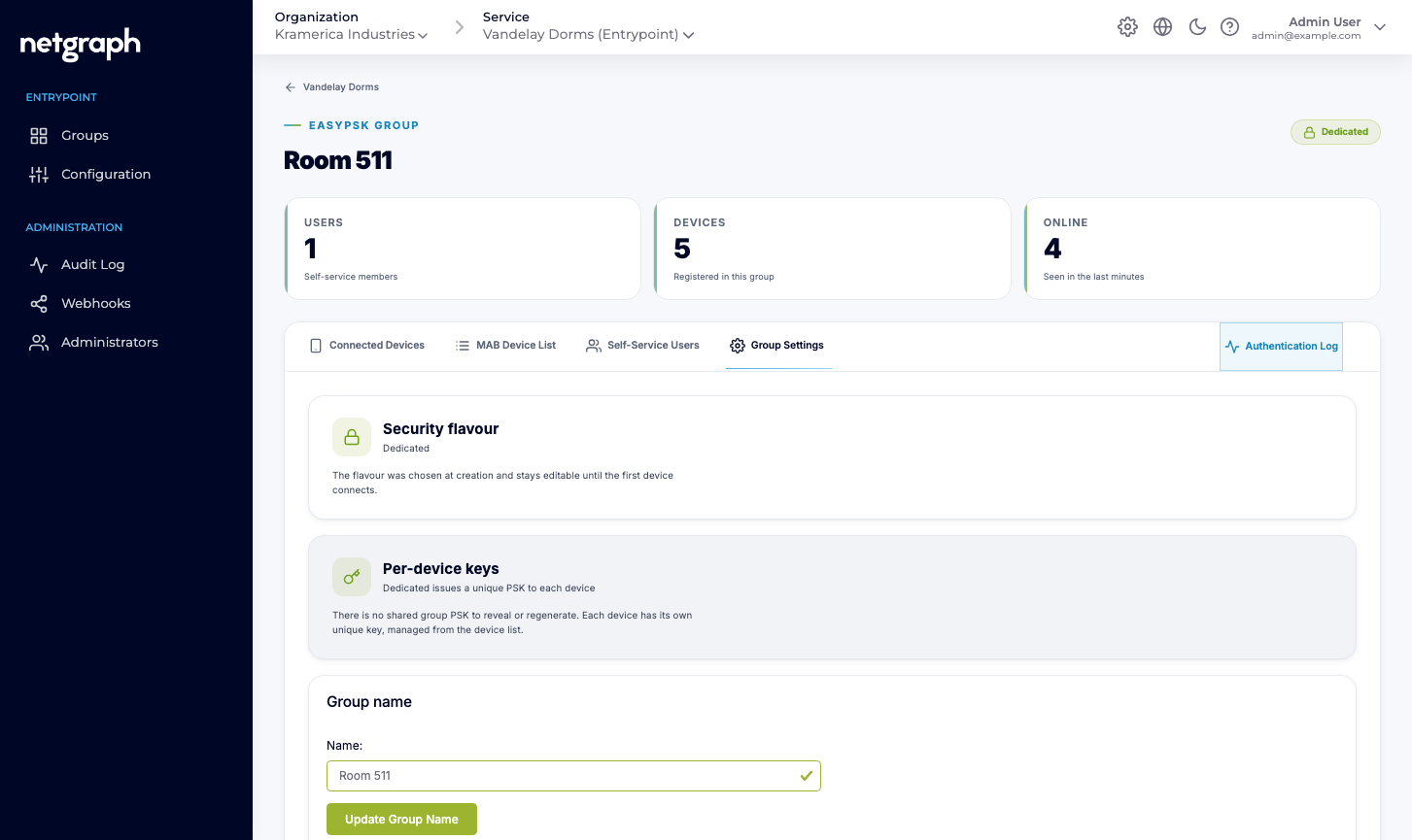 Group Settings for a Dedicated group showing the Per-device keys card and the self-service regeneration card disabled