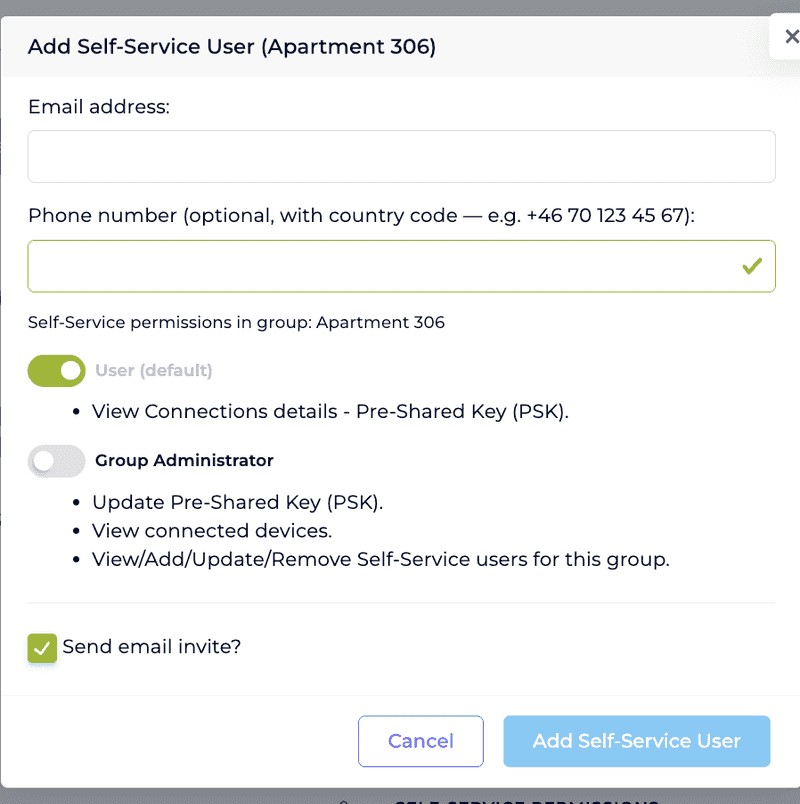 Add Self-Service User modal with an Email address field, an optional Phone number field labelled with country code example, the User (default) and Group Administrator permission toggles with their descriptions, and a Send email invite checkbox