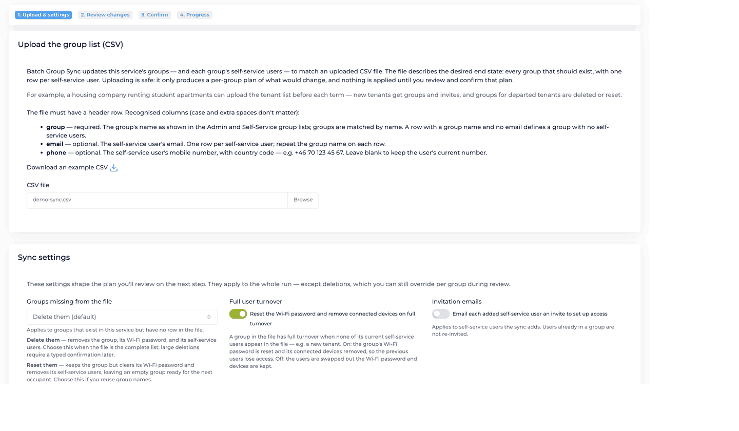 Batch Group Sync step one: the Upload the group list (CSV) card explaining the group, email and phone columns with a chosen file, and the Sync settings card with Groups missing from the file set to Delete them, Full user turnover on, and Invitation emails off
