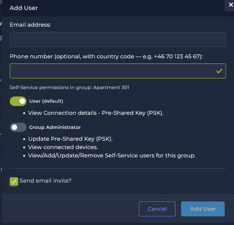 Self-Service portal Add User dialog with an Email address field, an optional Phone number field labelled with a country-code example, the User (default) and Group Administrator toggles with their descriptions, and a Send email invite checkbox