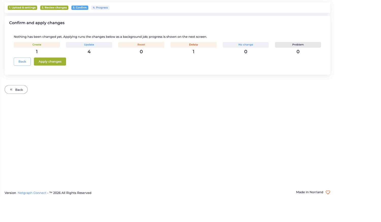 Batch Group Sync step three: a Confirm and apply changes panel restating the Create, Update, Reset, Delete, No change and Problem counts, with Back and Apply changes buttons