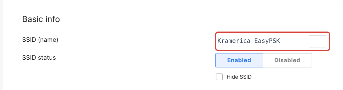 The Meraki Basic info section with the SSID name Kramerica EasyPSK and SSID status Enabled, outlined in red