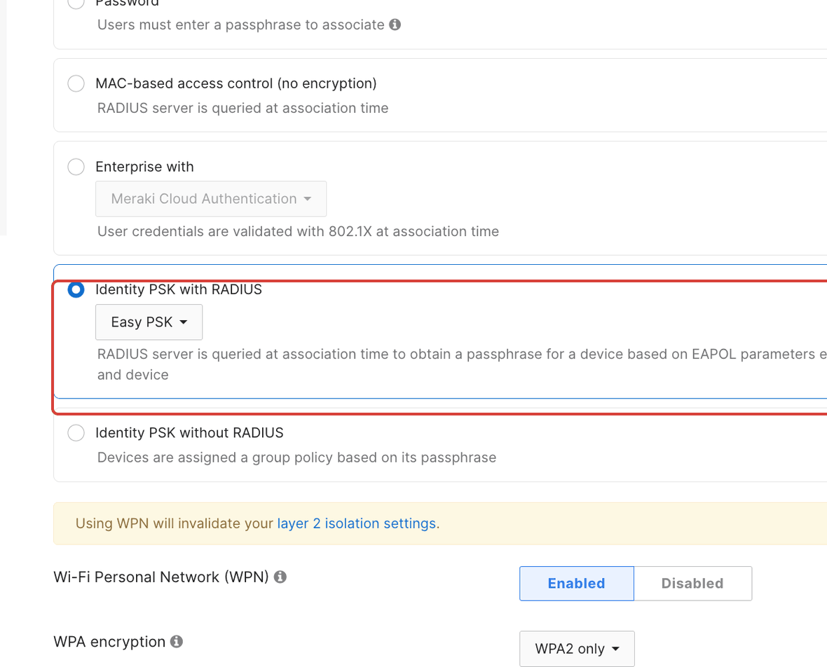 The Meraki Security section with Identity PSK with RADIUS and the Easy PSK mode selected, outlined in red
