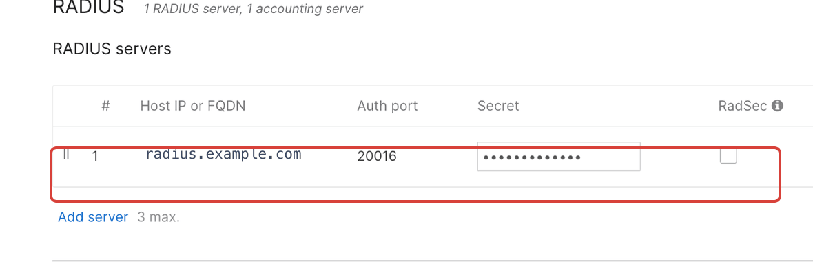 The Meraki RADIUS servers table with the server row outlined in red