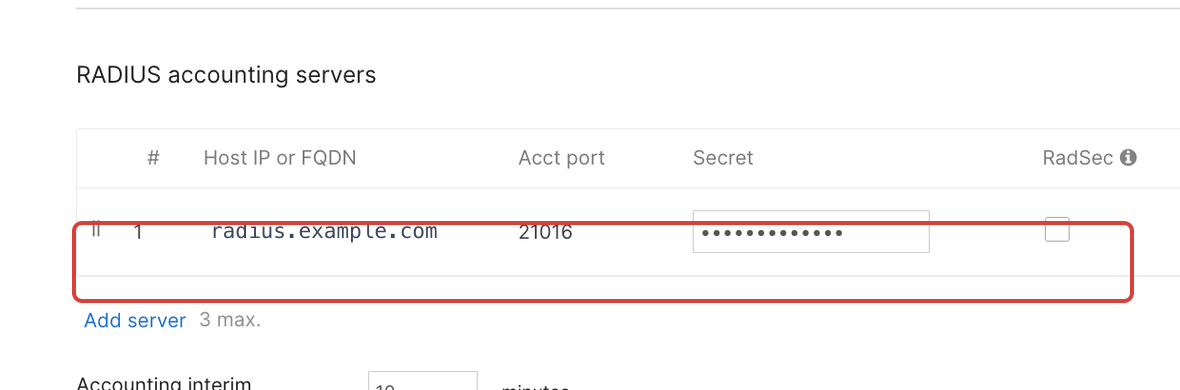 The Meraki RADIUS accounting servers table with the server row outlined in red