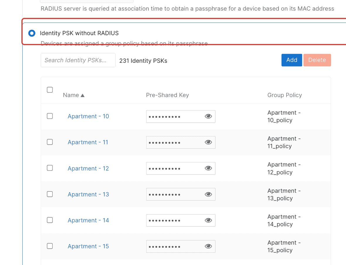 The Meraki Security section with Identity PSK without RADIUS selected and a table of per-apartment Identity PSKs, the selected option outlined in red