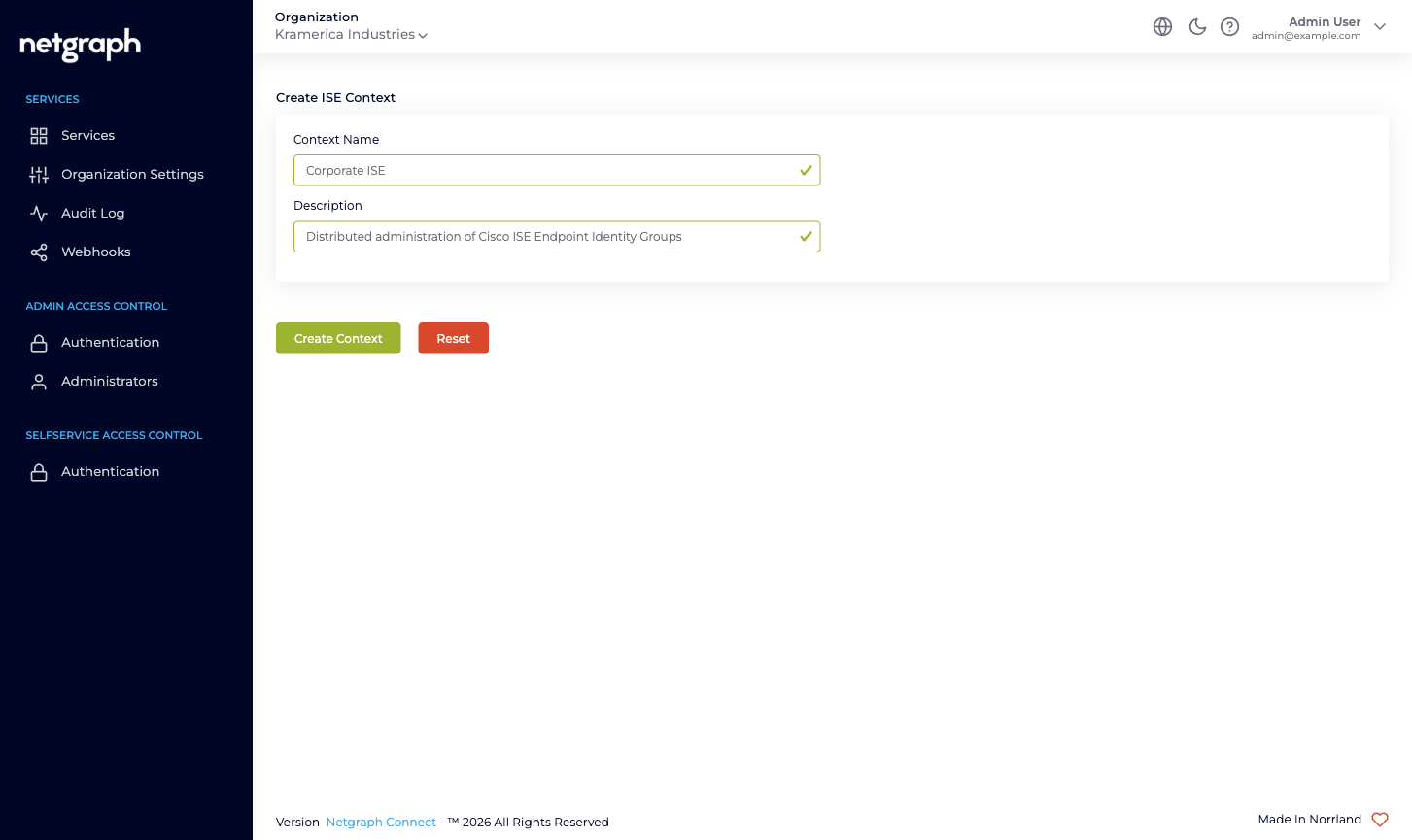 Context creation form with Name and Description fields