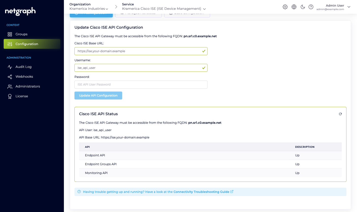 Cisco ISE API Status table with Endpoint API, Endpoint Groups API and Monitoring API each reporting Up
