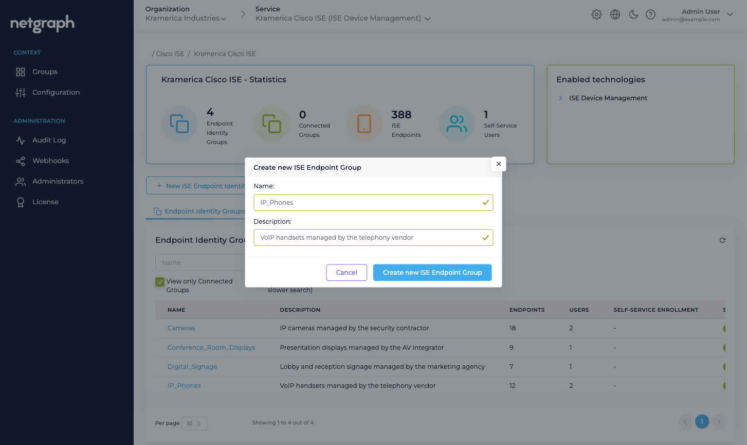 Create new ISE Endpoint Group dialog with Name and Description fields