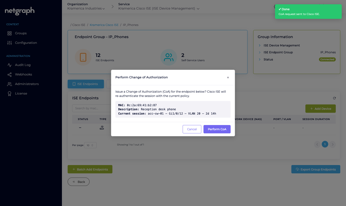 Perform CoA confirmation dialog with Yes/No buttons, followed by a success toast reading Done