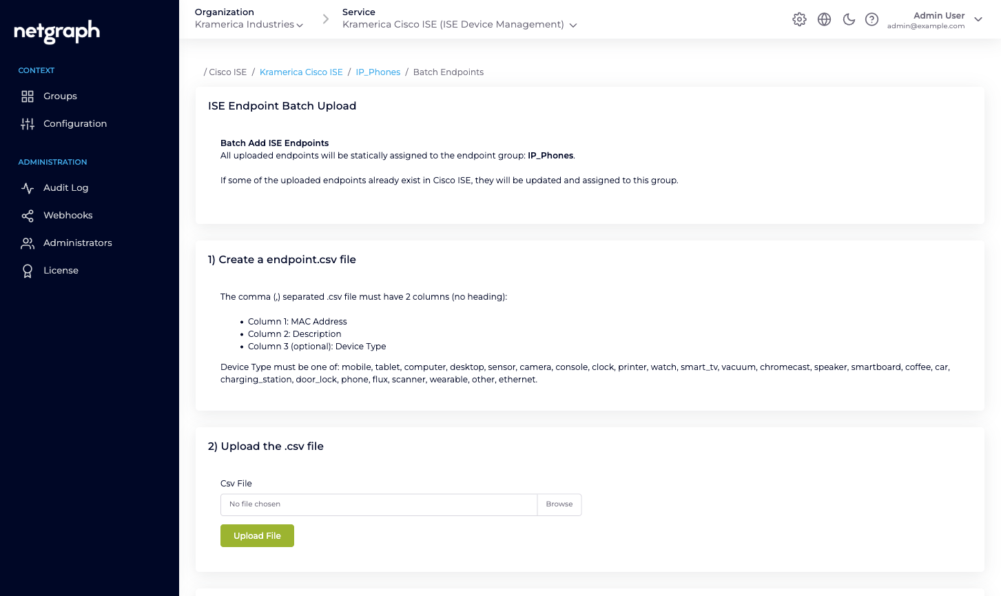 Batch Add Endpoints step 1 showing CSV format explanation with MAC Address, Description, and optional Device Type columns