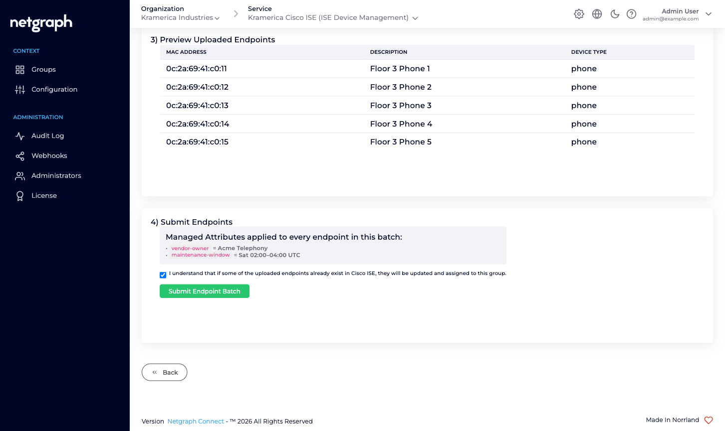 Batch Add Endpoints step 4 with the 'I understand' checkbox and the Submit Endpoint Batch button