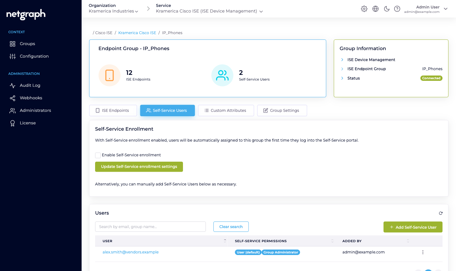 Self-Service Users tab on IP_Phones with two rows: alex.smith@vendors.example with User (default) and Group Administrator pills, devops@vendors.example with User (default) only