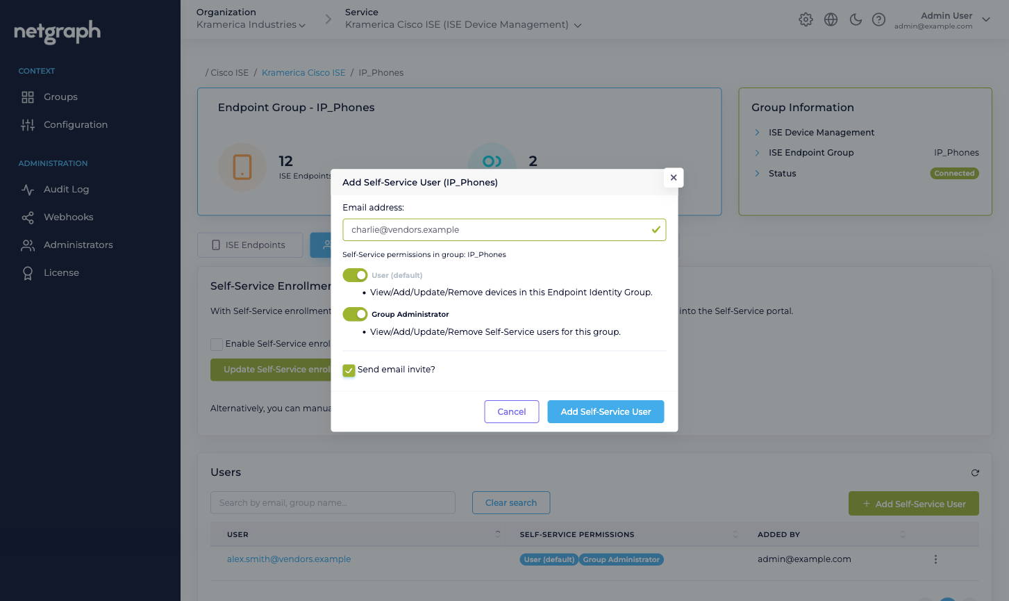 Add Self-Service User dialog for IP_Phones with Email address field, User (default) pre-checked and disabled, Group Administrator checkbox, Send email invite? checkbox