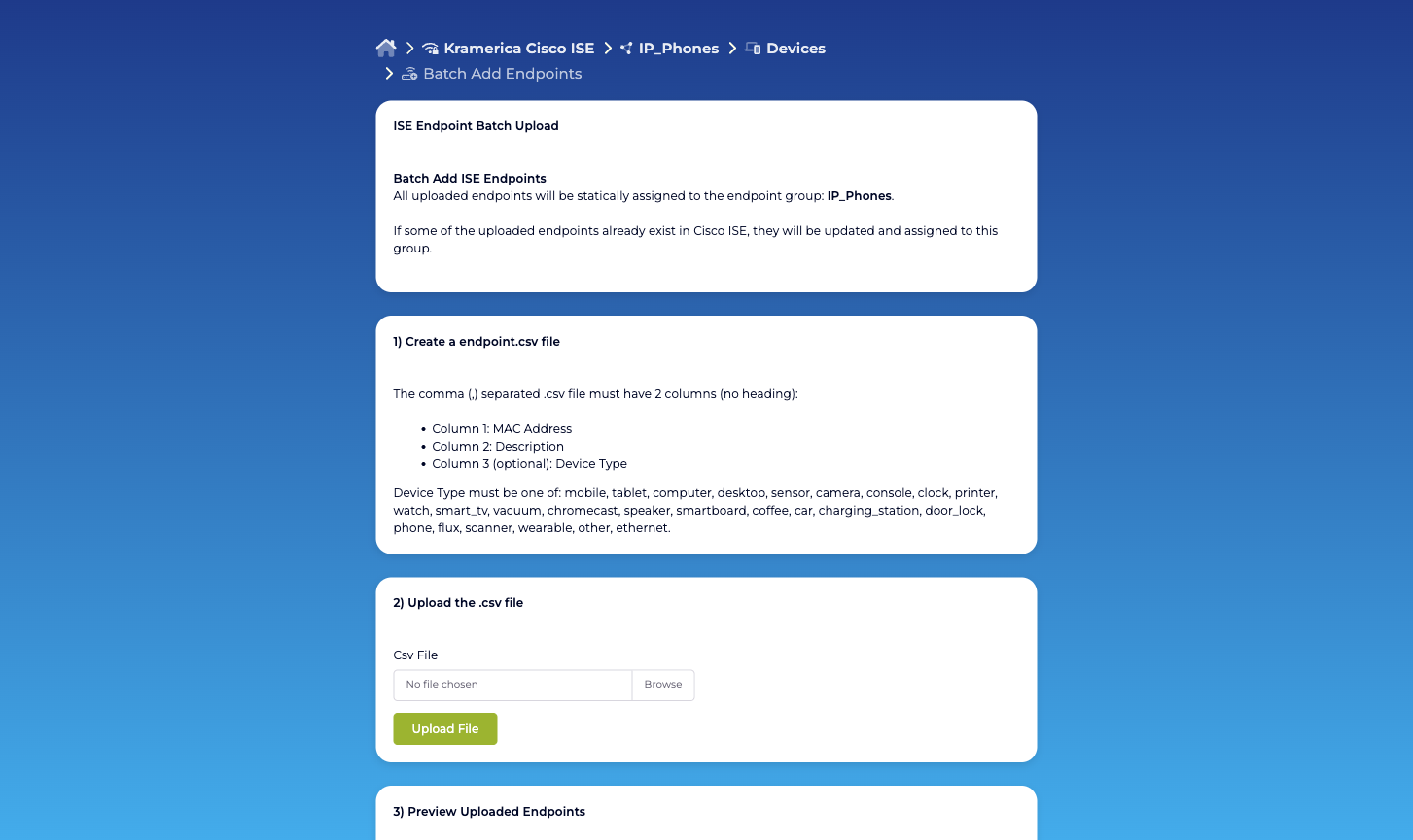 Self-Service portal batch upload wizard with the four-step CSV flow