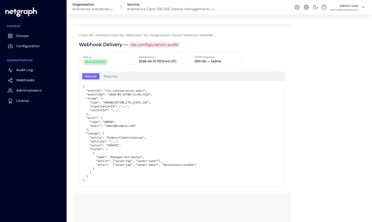 Webhook delivery detail showing a successful ise.configuration.audit event with request and response tabs