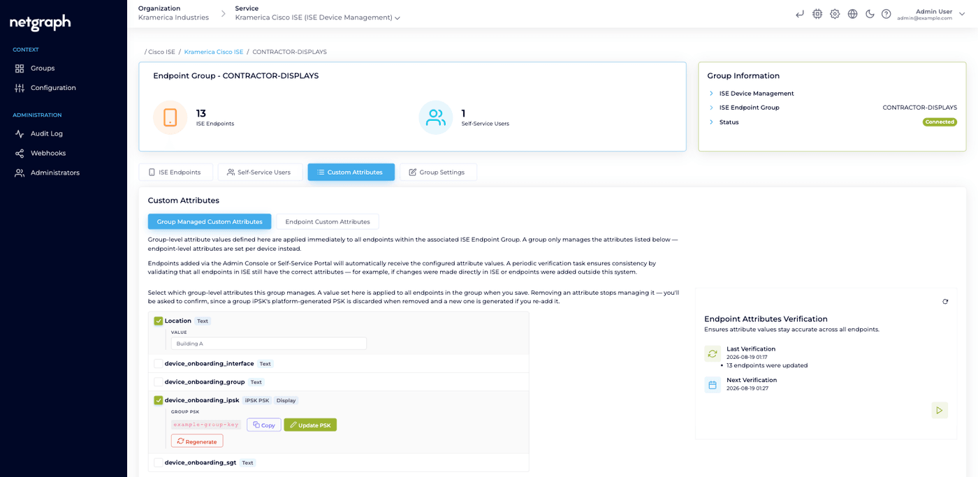 A group's Custom Attributes tab with the key attribute ticked, showing the GROUP PSK label, the key in a code style, and Copy, Update PSK and Regenerate buttons