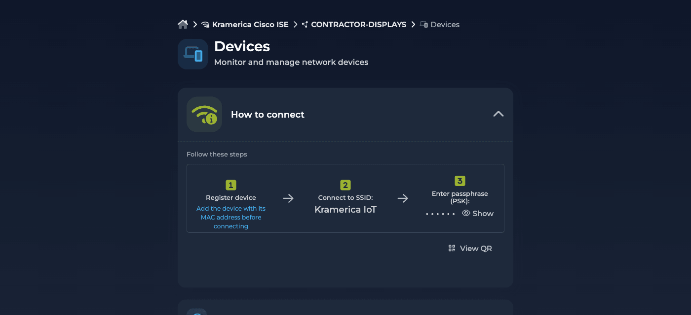 The three step How to connect guide in the Self-Service portal: register the device, connect to the SSID, enter the passphrase, with the key masked behind a Show control and a View QR button