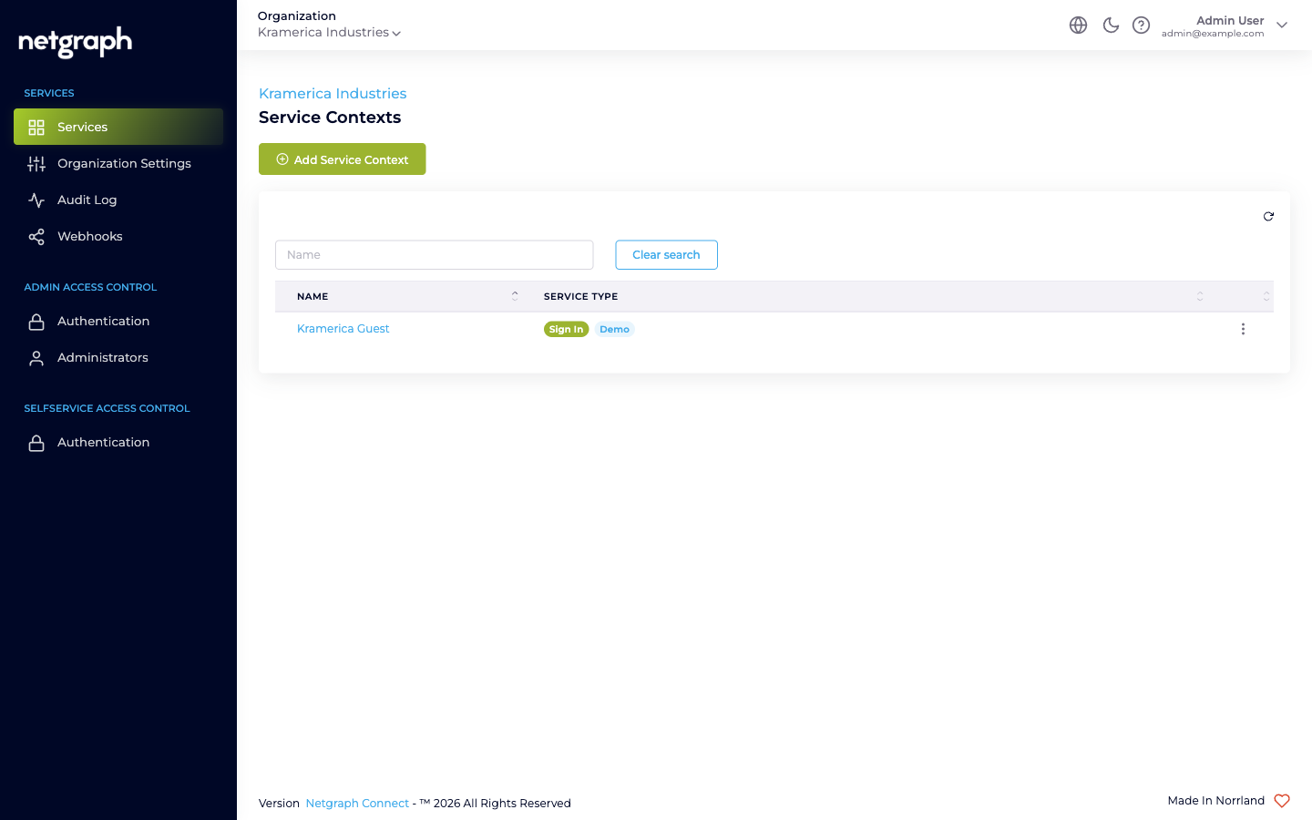 Organization Services overview with the Add Service Context button
