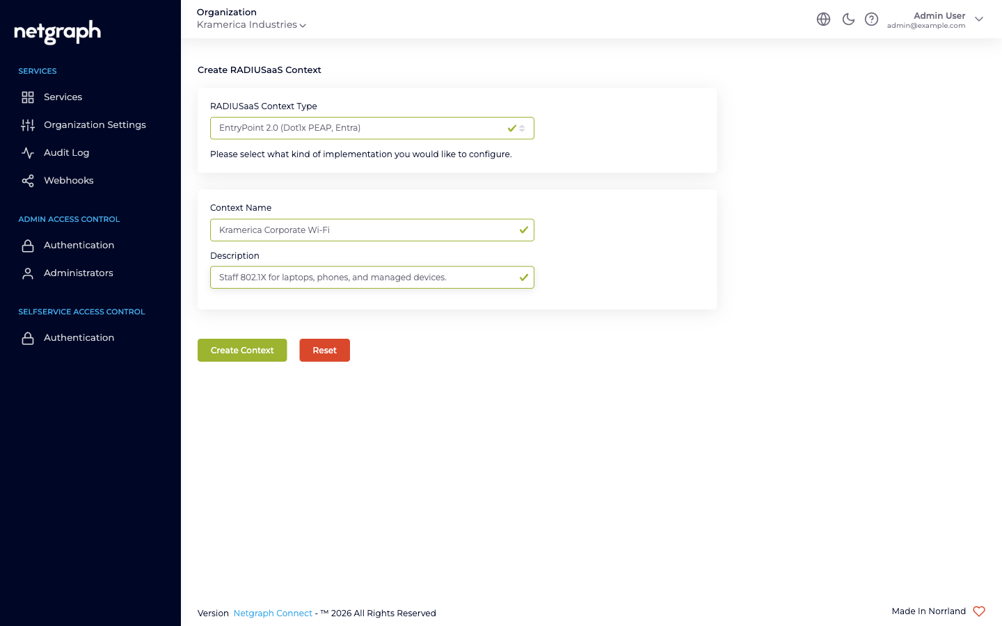 Wizard filled in with a descriptive Context Name and Description