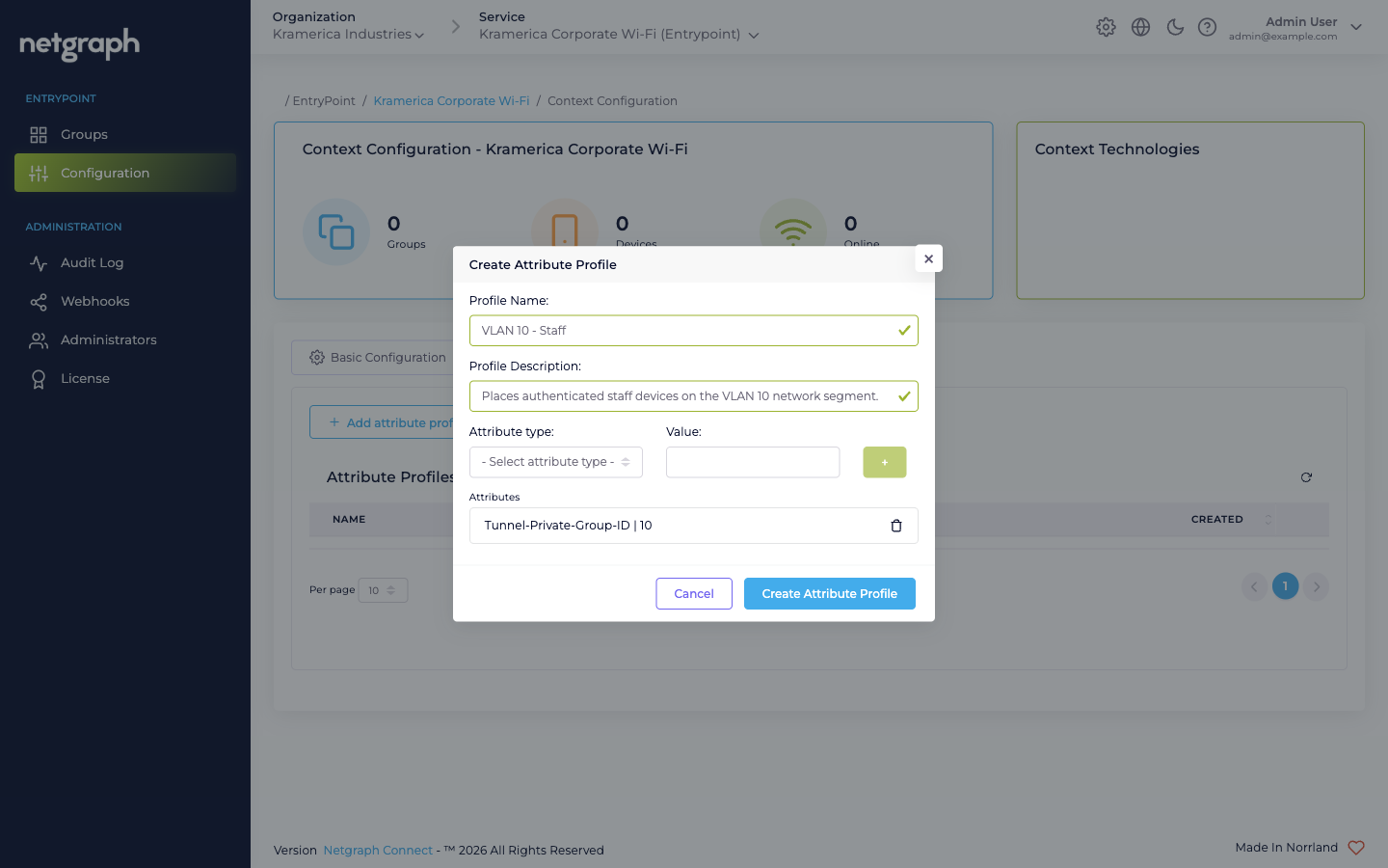 Create Attribute Profile dialog with a Tunnel-Private-Group-ID attribute