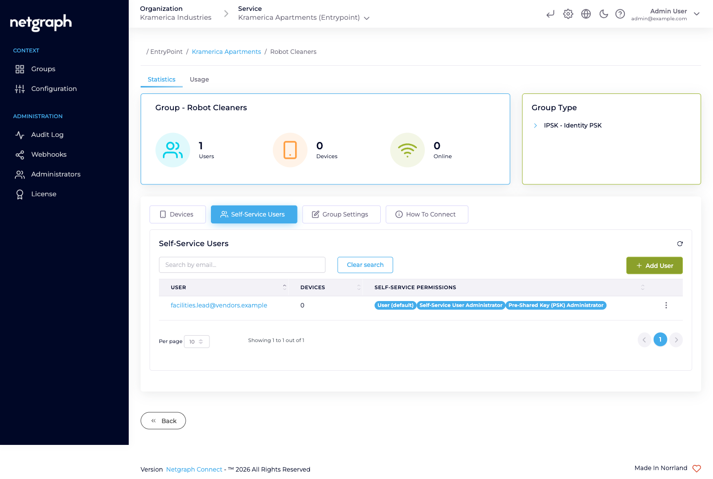 Admin-side Self-Service Users tab on the Robot Cleaners Group with one user row showing User (default), Self-Service User Administrator, Pre-Shared Key (PSK) Administrator pills