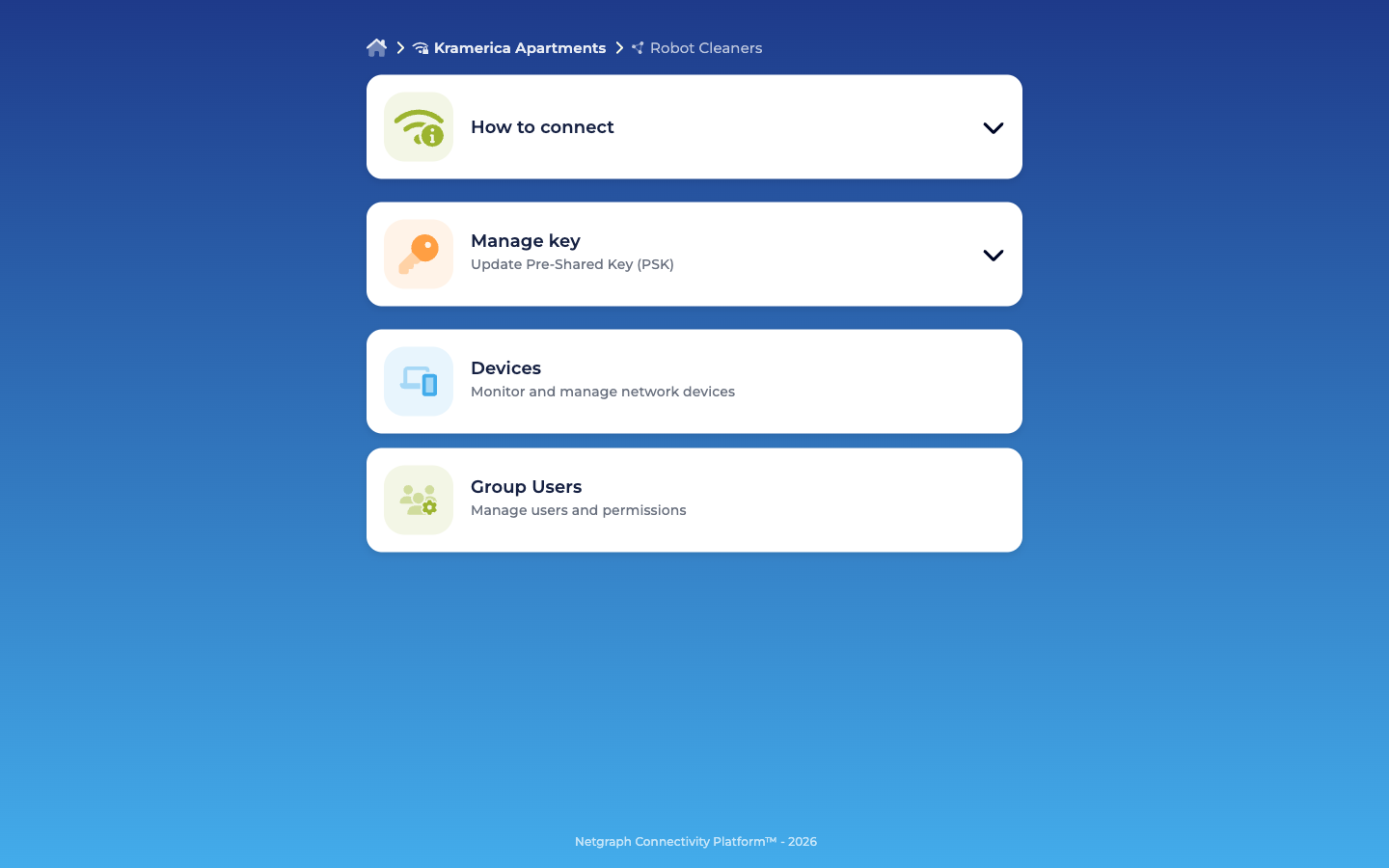 Self-Service portal Robot Cleaners Group view with How to connect, Manage key, Devices, Group Users cards