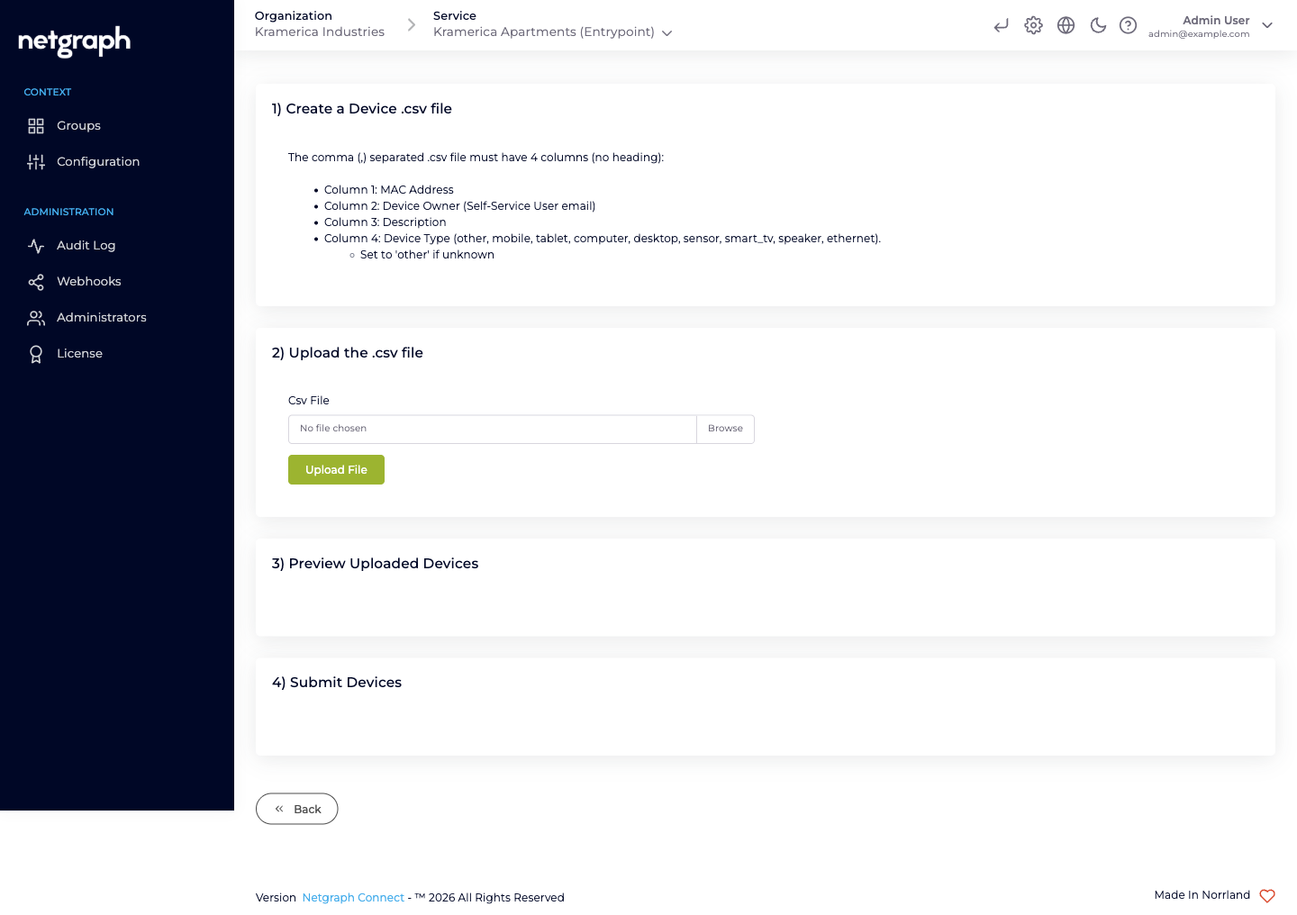 Batch Add Devices form with 1) Create a Device .csv file instructions, 2) Upload the .csv file, 3) Preview Uploaded Devices and 4) Submit Devices sections