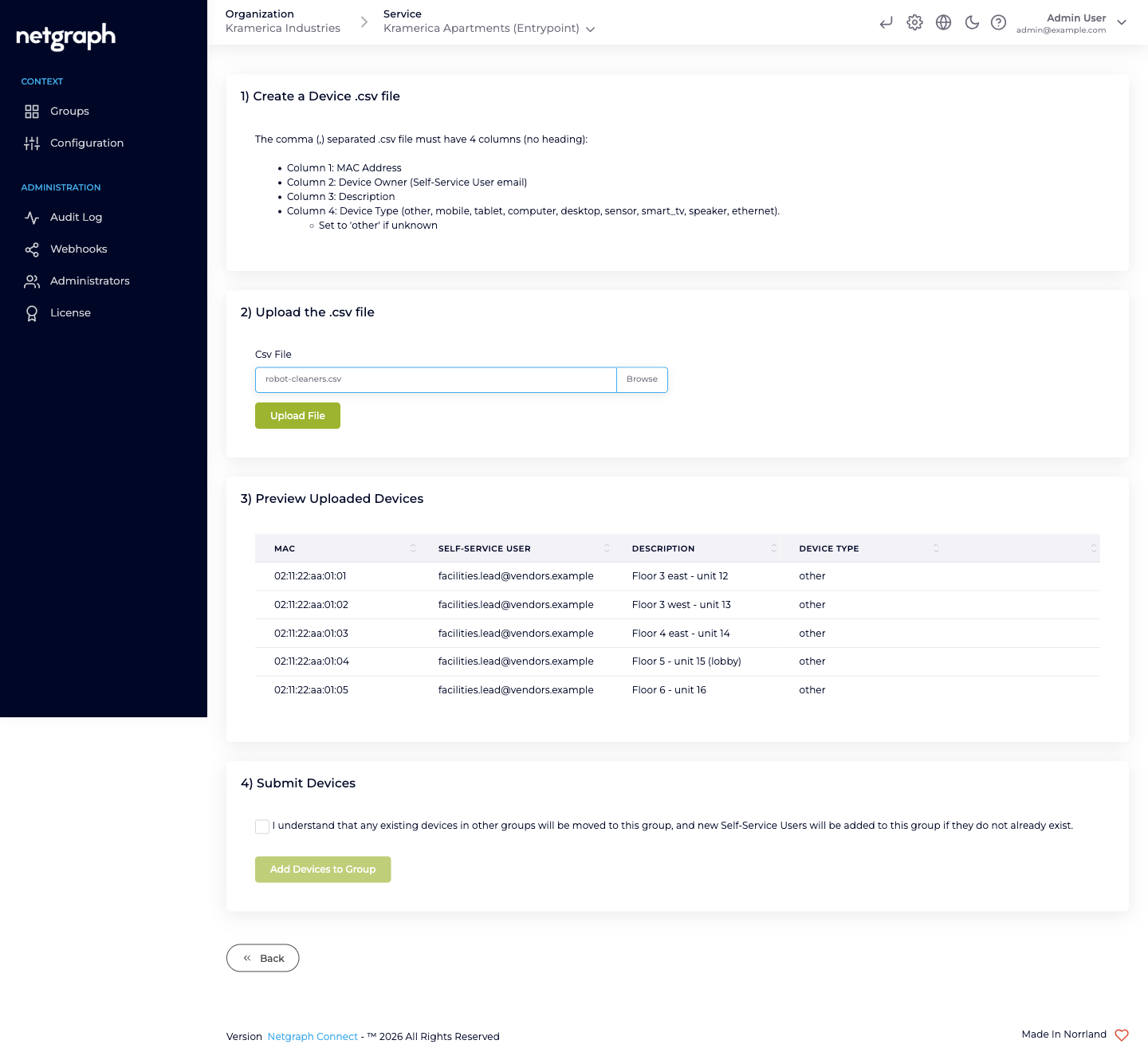 Batch preview table with five device rows and the submit consent checkbox
