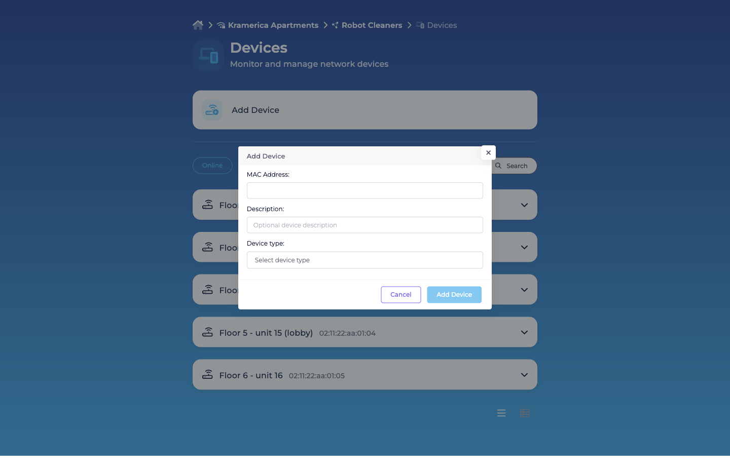 Add Device modal dialog with MAC Address textbox, Description textbox with 'Optional device description' placeholder, and Device type combobox