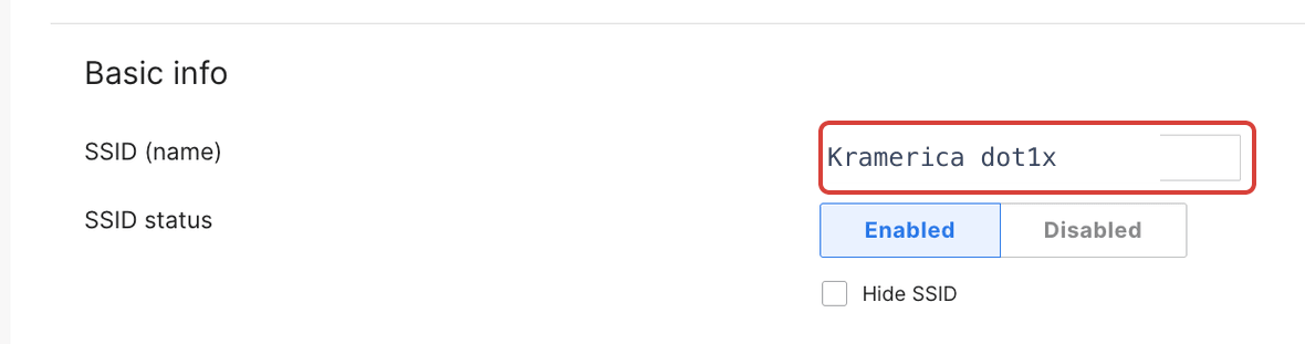 The Meraki Basic info section with the SSID name Kramerica dot1x and SSID status Enabled, outlined in red