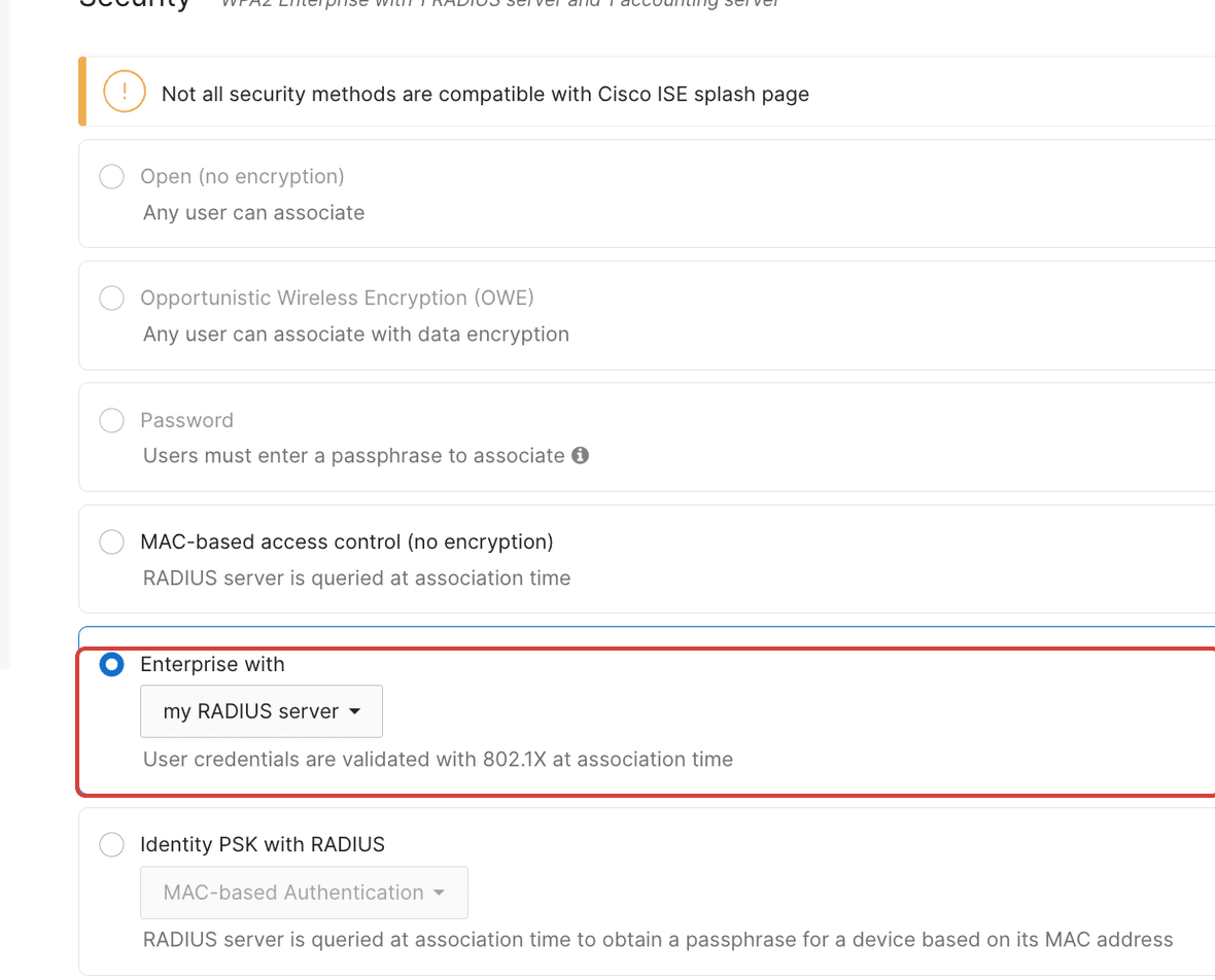 The Meraki Access control Security section with Enterprise with my RADIUS server selected, outlined in red