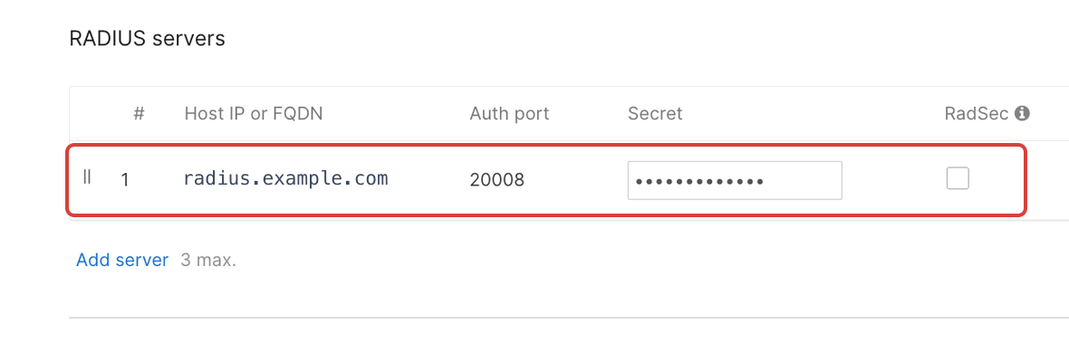 The Meraki RADIUS servers table with the server row outlined in red