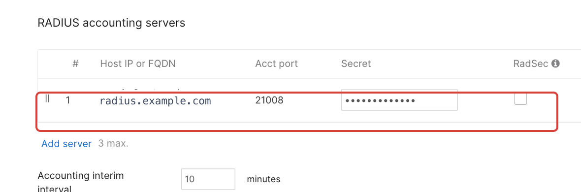 The Meraki RADIUS accounting servers table with the server row outlined in red