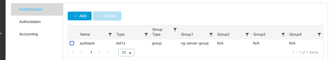 The Catalyst 9800 AAA Method List with a dot1x authentication list assigned to the Netgraph server group